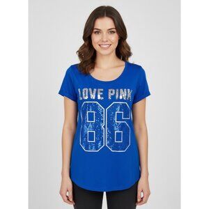 Y2K Victoria’s Secret PINK Love Pink 86 Blue Silver Sequin Metallic T-Shirt Top